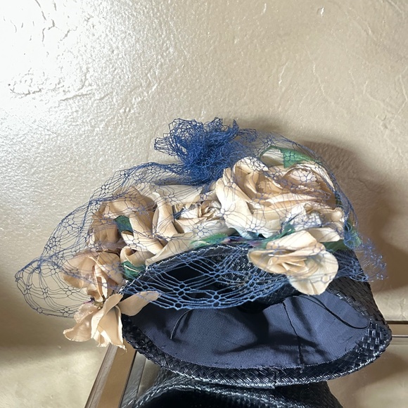 SWEET 1960\'s NAVY STRAW  HAT + FABRIC \
